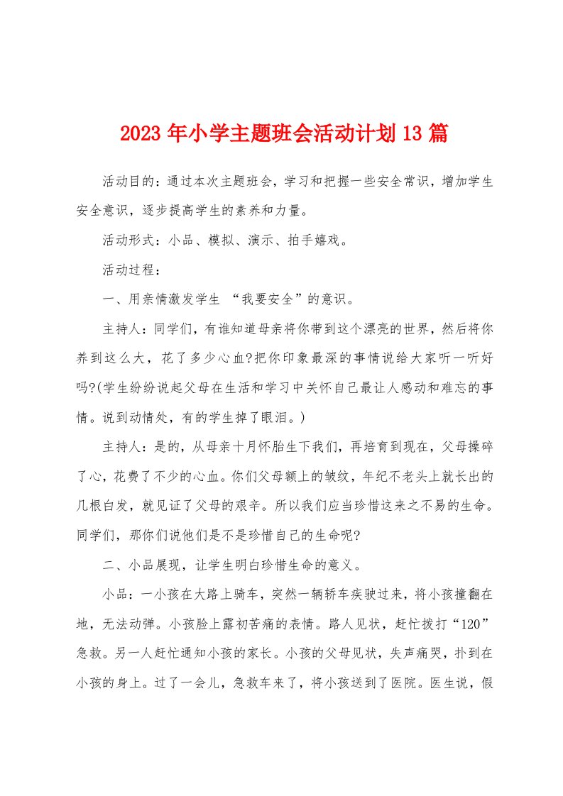 2023年小学主题班会活动计划