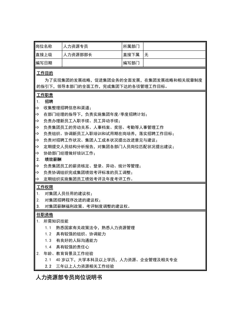 集团人力资源部专员岗位说明书