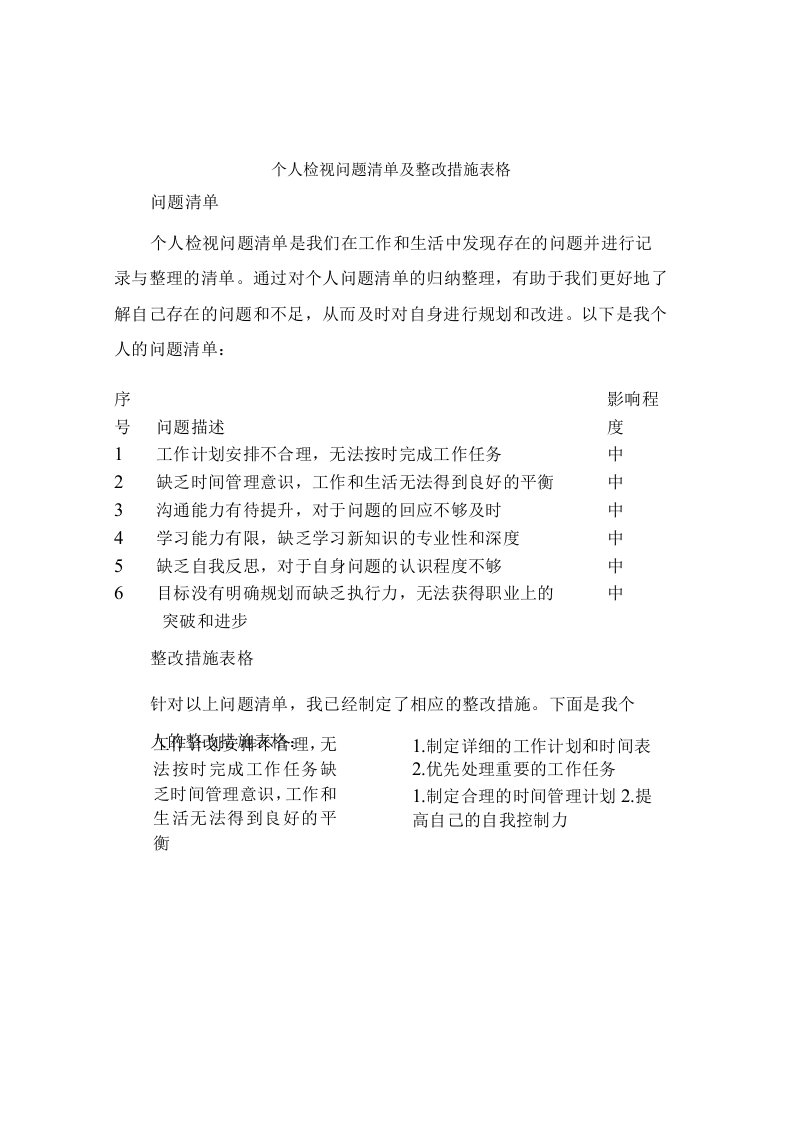 个人检视问题清单及整改措施表格