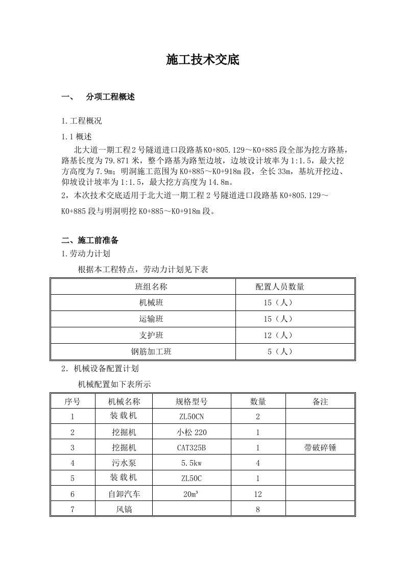 市政道路工程隧道进口段路基开挖技术交底