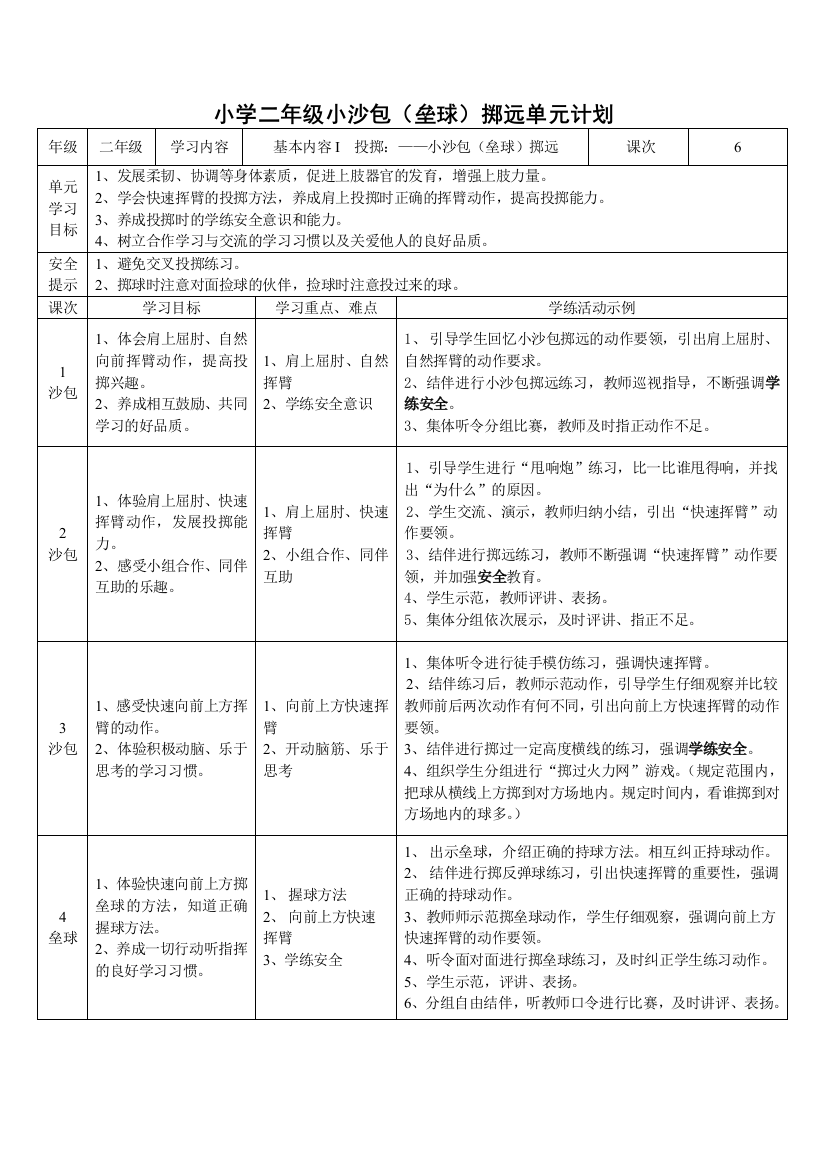 小学二年级小沙包（垒球）掷远单元计划