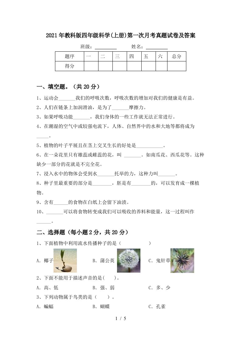 2021年教科版四年级科学上册第一次月考真题试卷及答案