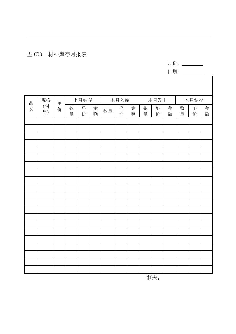 材料库存月报表