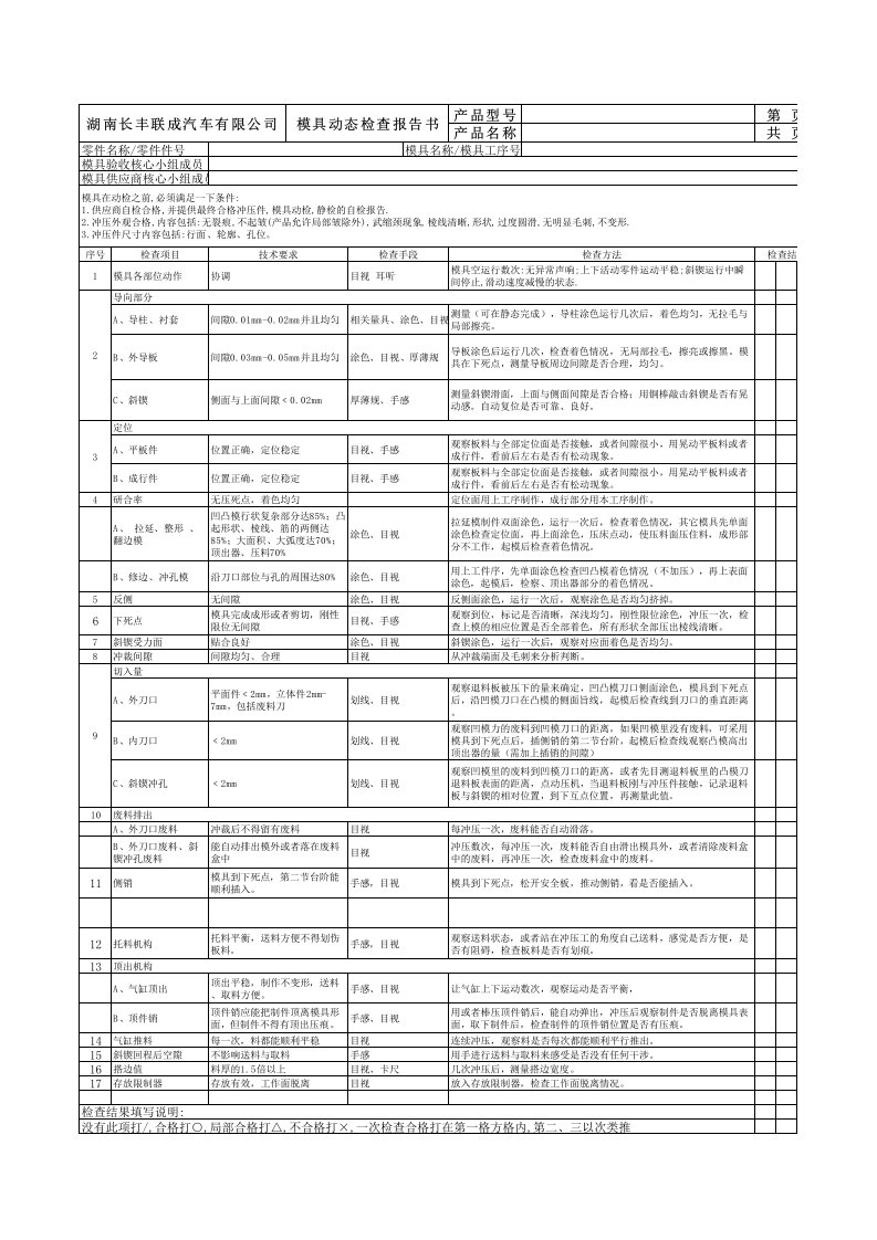 冲压模具动态检查表