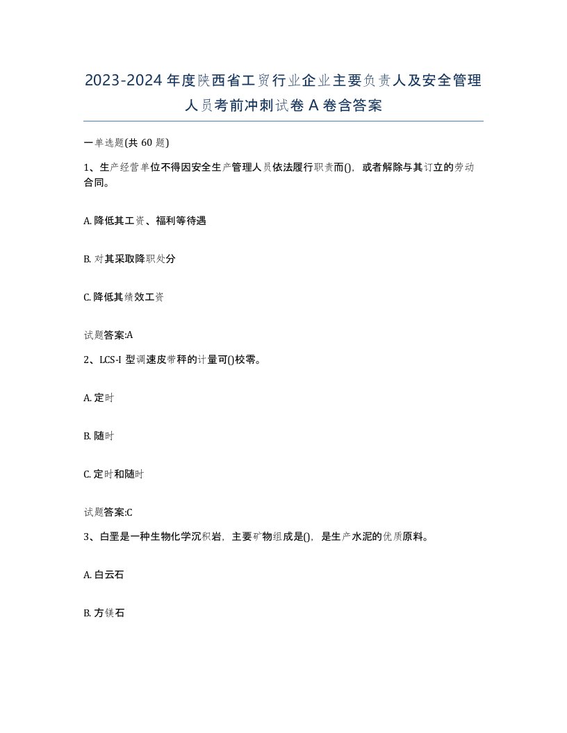 20232024年度陕西省工贸行业企业主要负责人及安全管理人员考前冲刺试卷A卷含答案