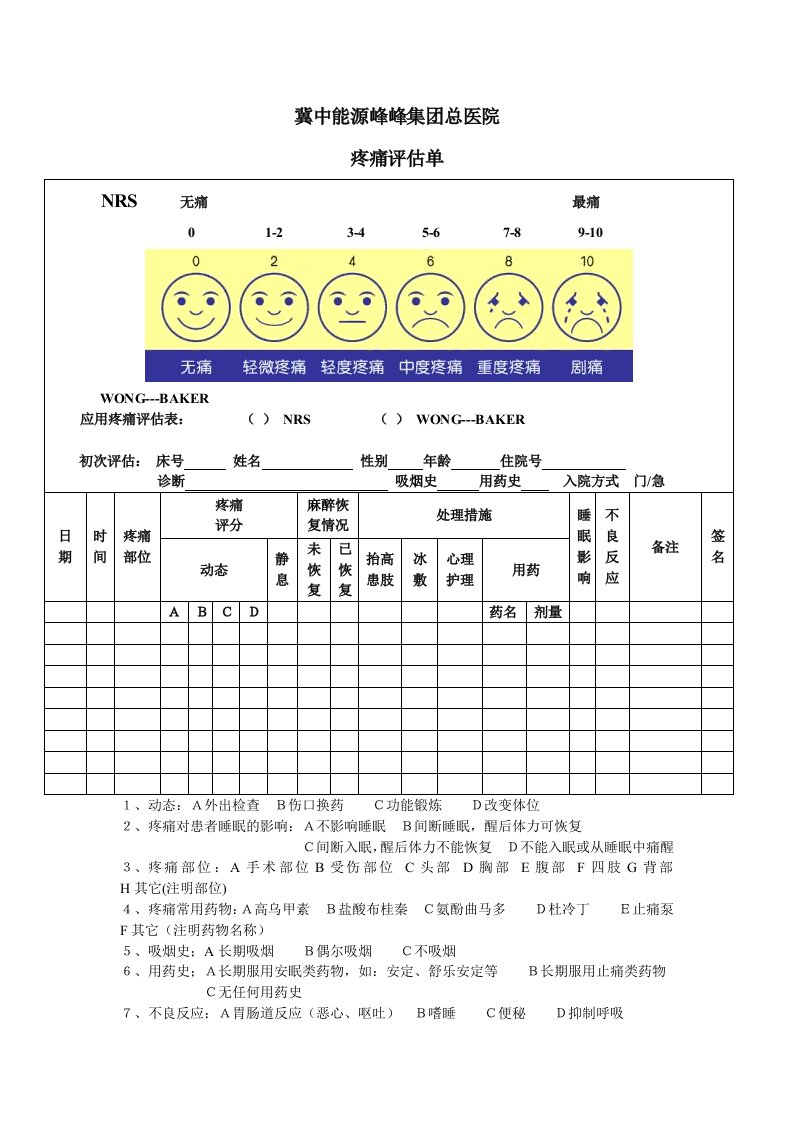 疼痛评估记录单