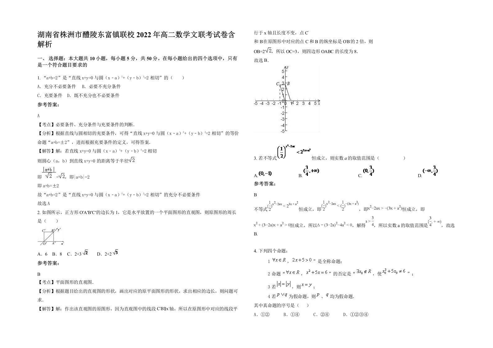 湖南省株洲市醴陵东富镇联校2022年高二数学文联考试卷含解析