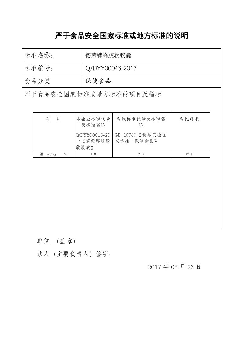 严于食品安全国家标准或地方标准的说明