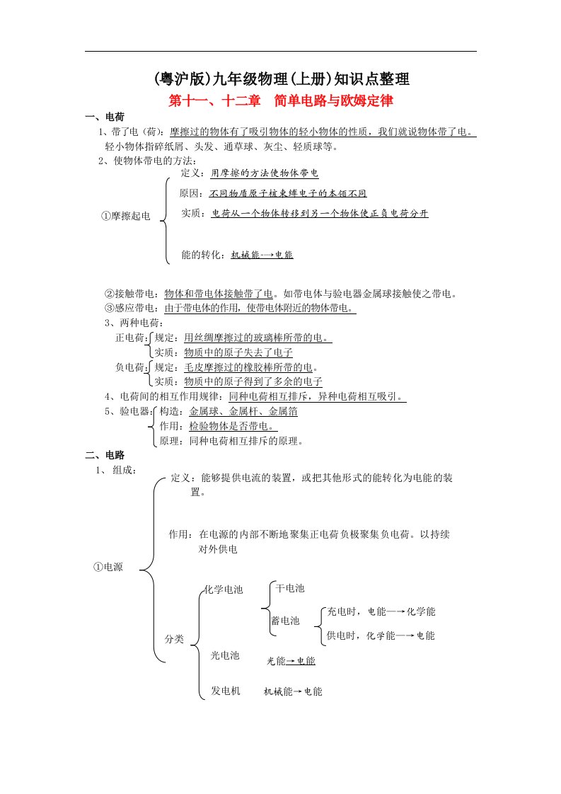 2013粤沪版物理九年级期末复习提纲