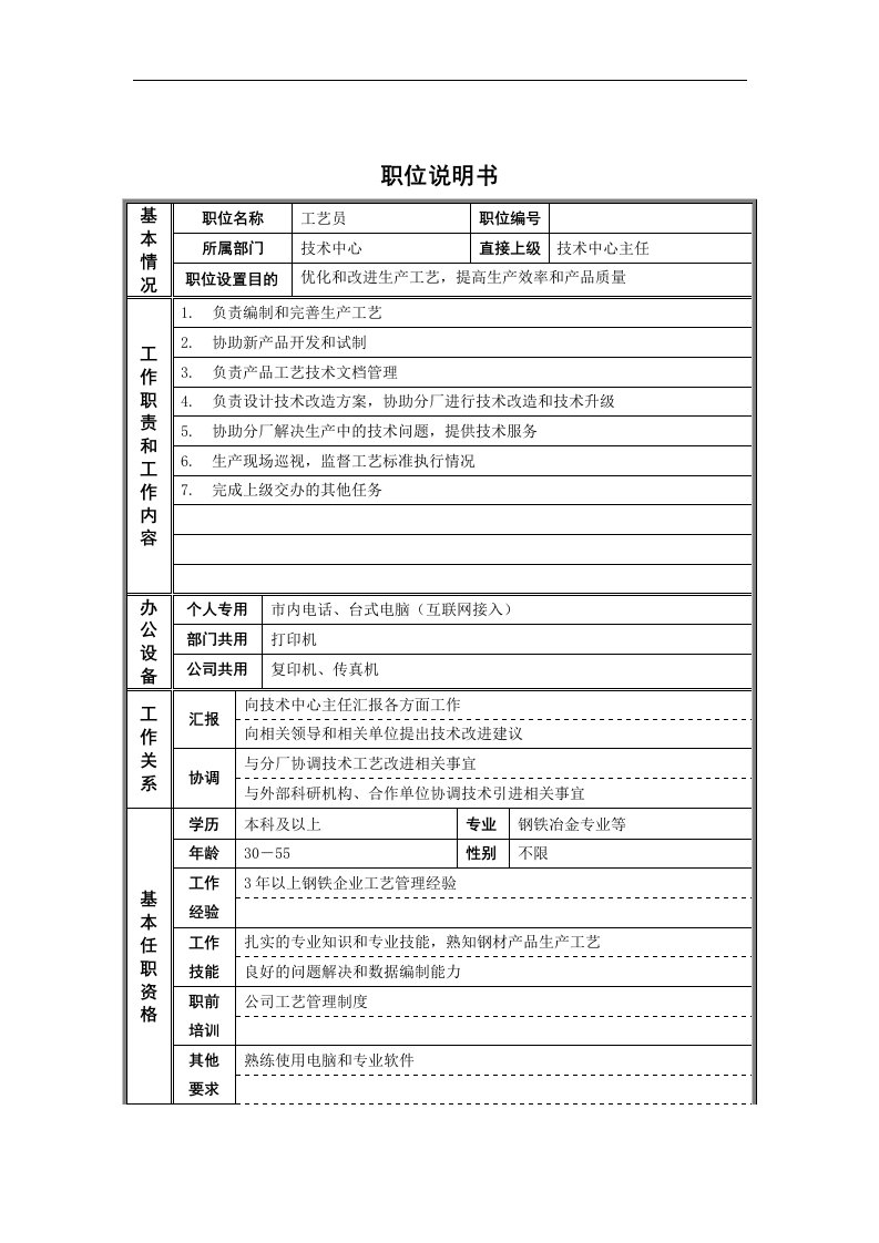 新华信-德龙钢铁工艺员职位说明书