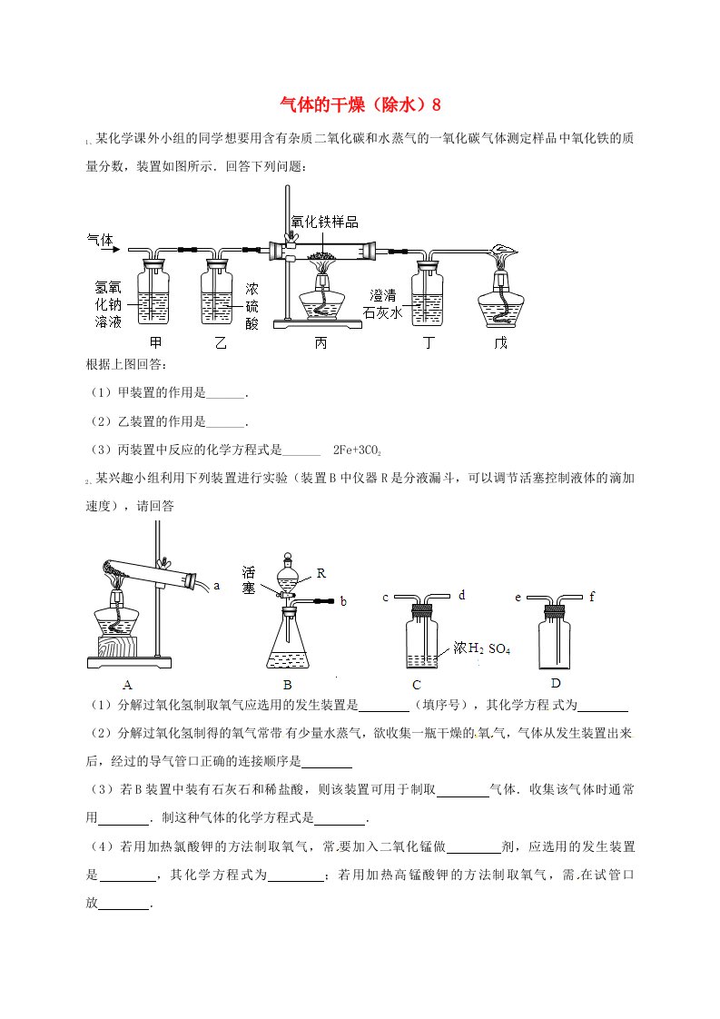 吉林省吉林市中考化学复习练习气体的干燥除水8无答案新人教版