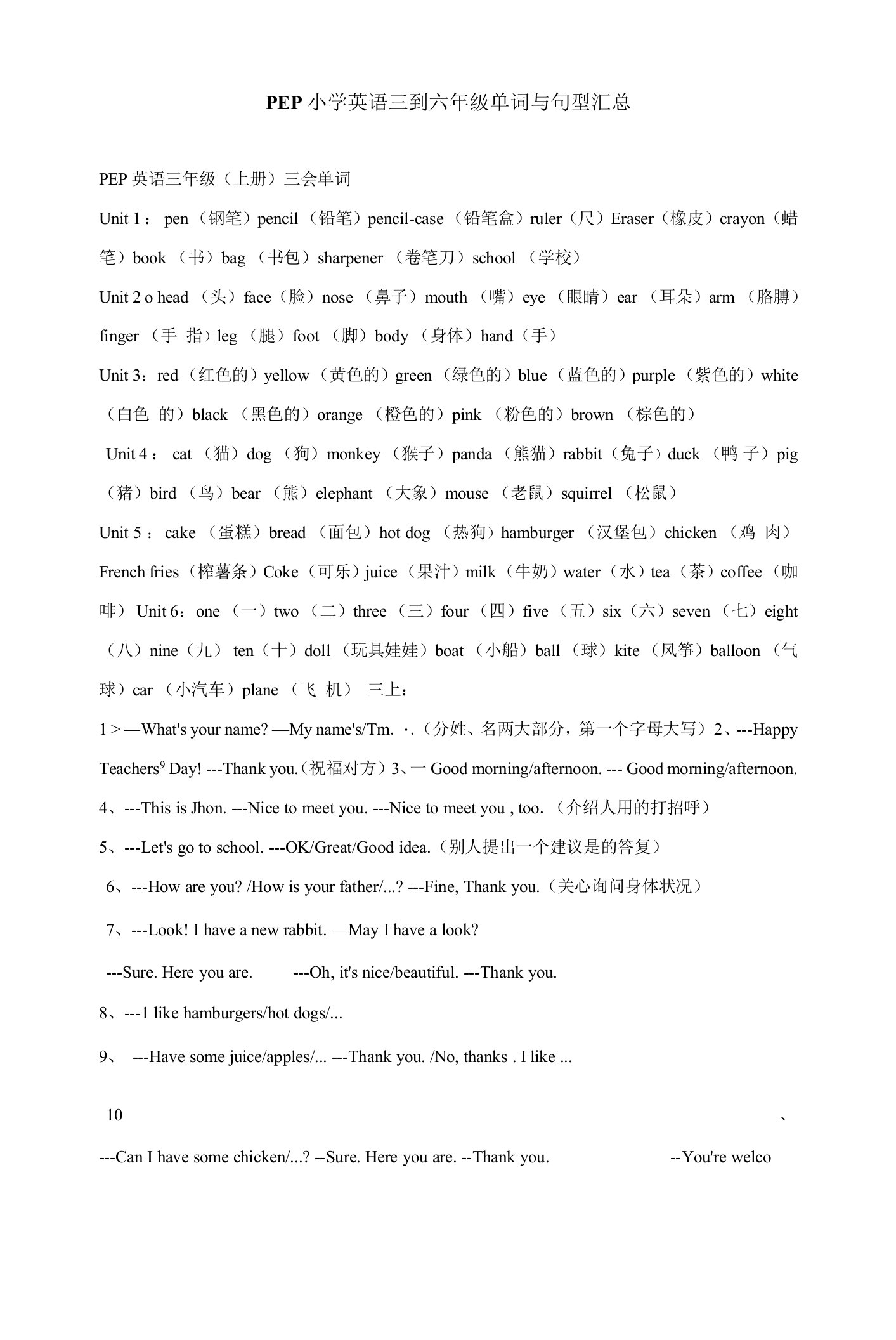 小学3年级至6年级英语词汇及句型