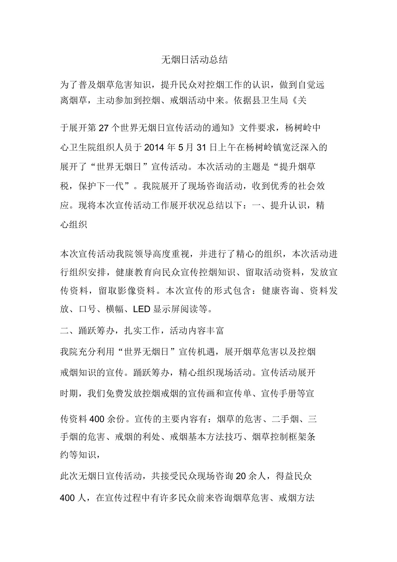 精彩范文无烟日活动总结总结报告方案计划心得措施意见书