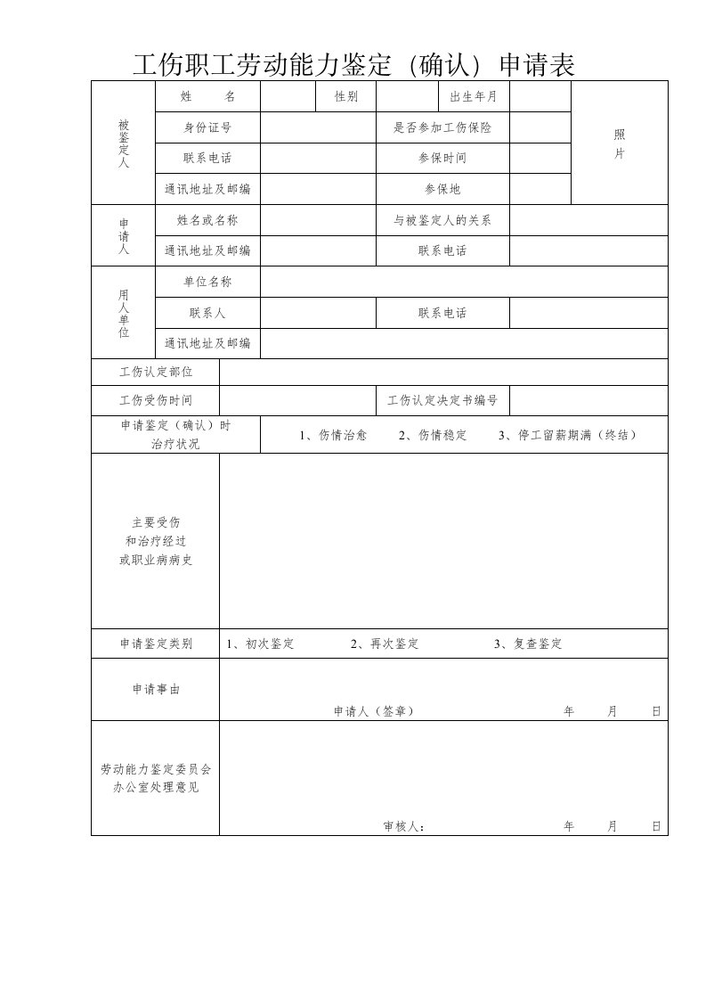 工伤职工劳动能力鉴定确认申请表