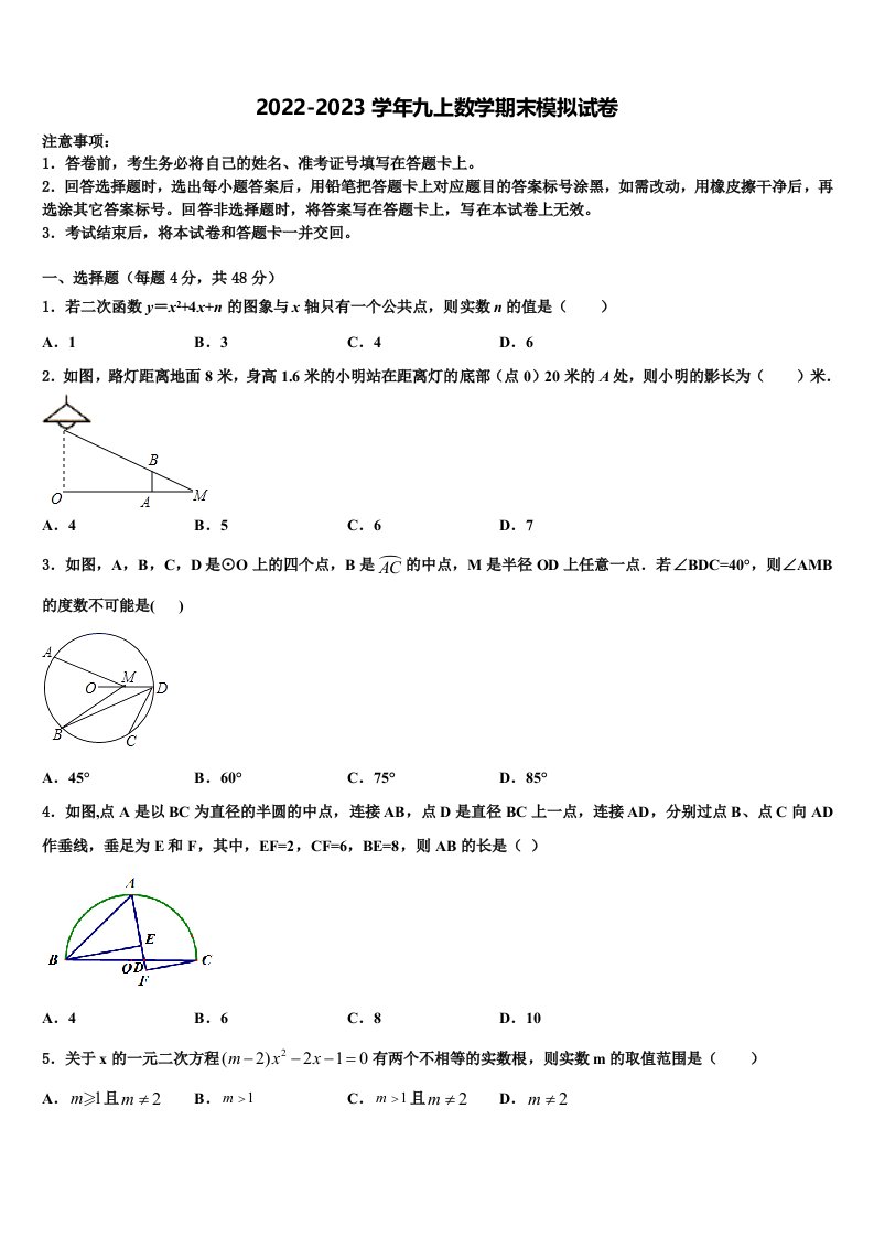 2023届山东省菏泽单县联考九年级数学第一学期期末监测试题含解析