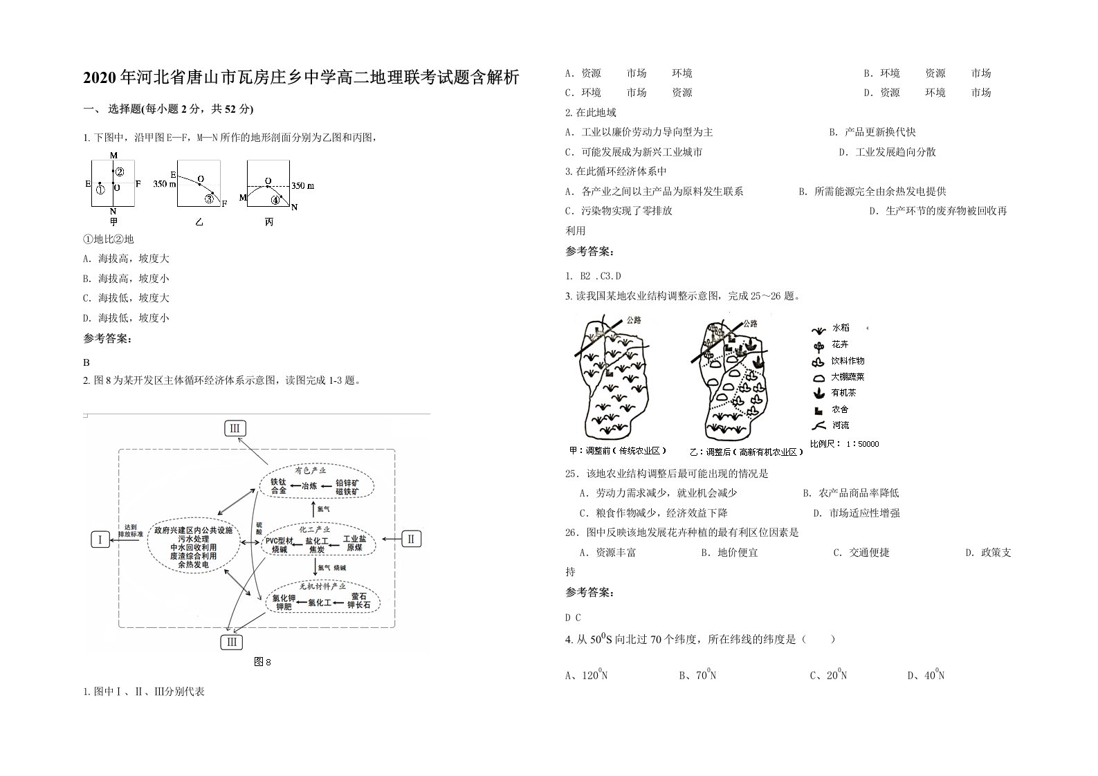 2020年河北省唐山市瓦房庄乡中学高二地理联考试题含解析