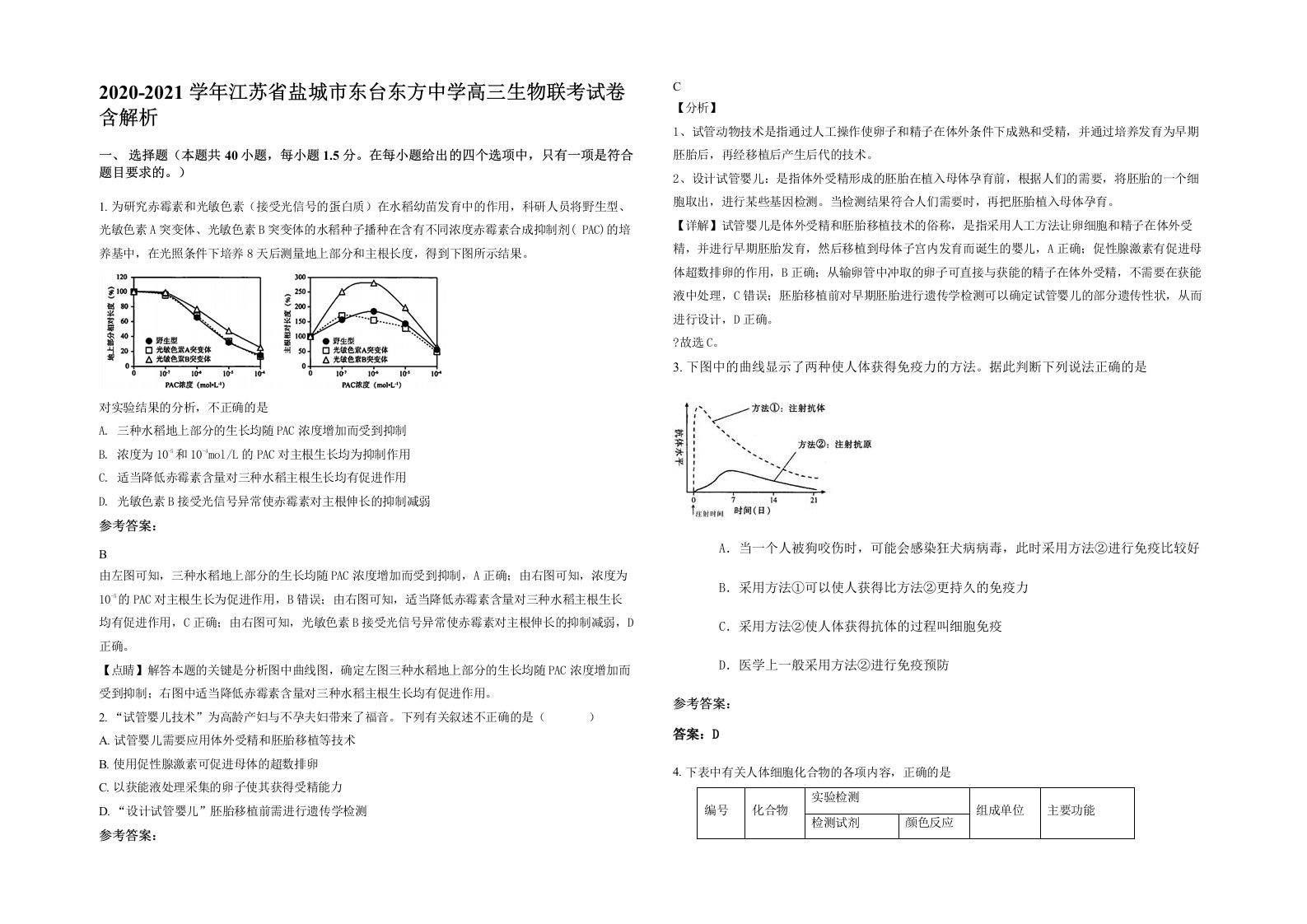 2020-2021学年江苏省盐城市东台东方中学高三生物联考试卷含解析