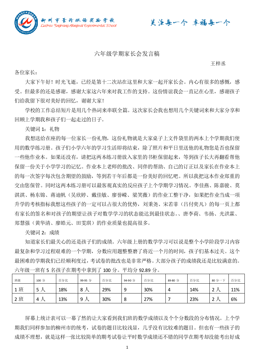 六年级数学家长会发言稿(王梓丞)