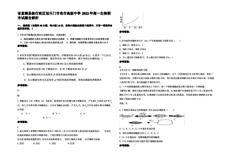 省直辖县级行政区划天门市皂市高级中学2022年高一生物期末试题含解析