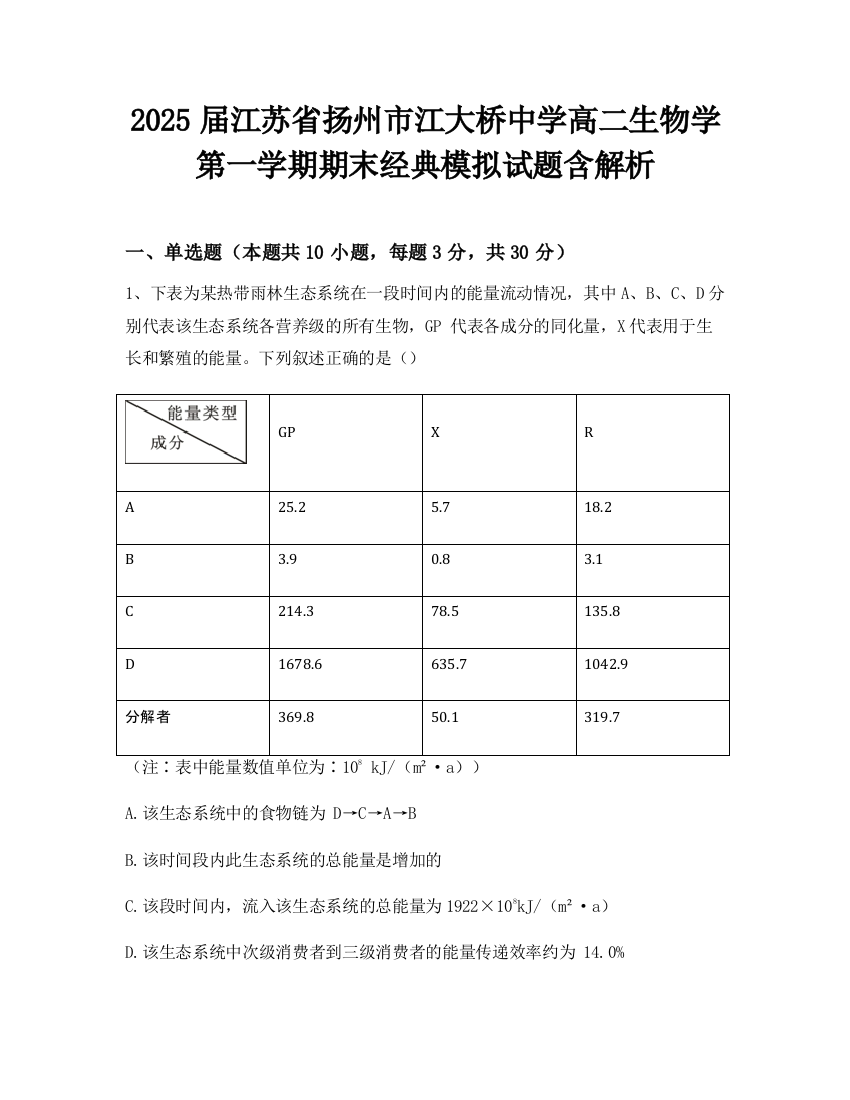 2025届江苏省扬州市江大桥中学高二生物学第一学期期末经典模拟试题含解析