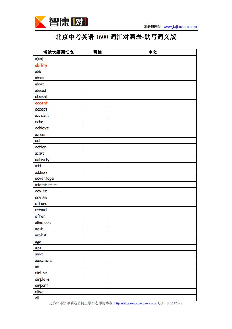 北京中考英语1600词汇对照表-默写词义版