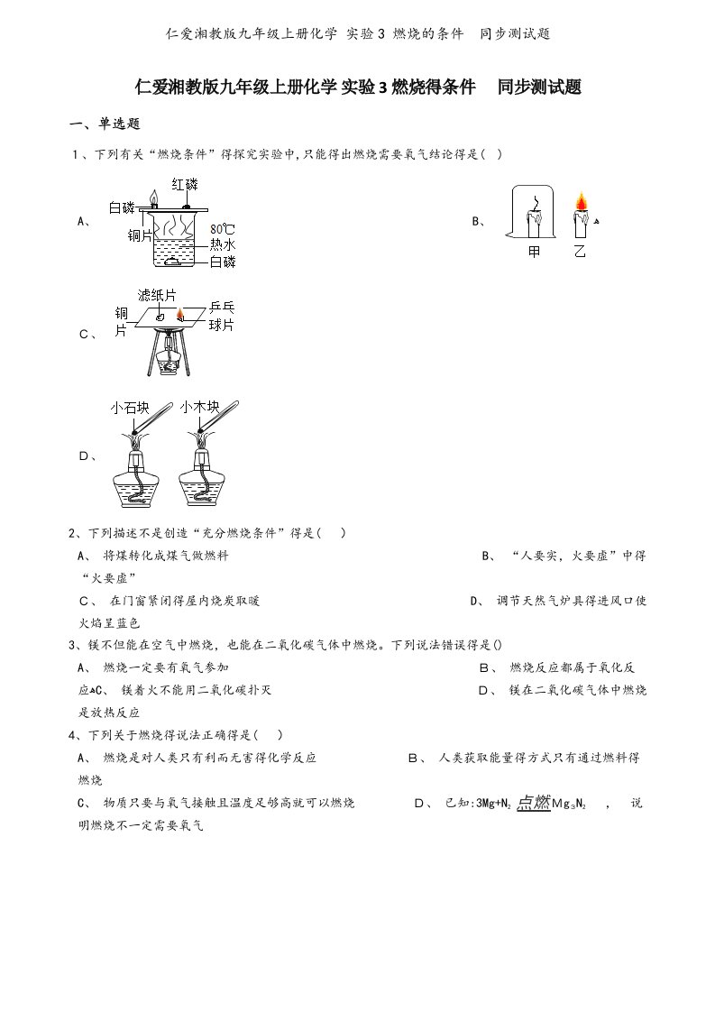 仁爱湘教版九年级上册化学