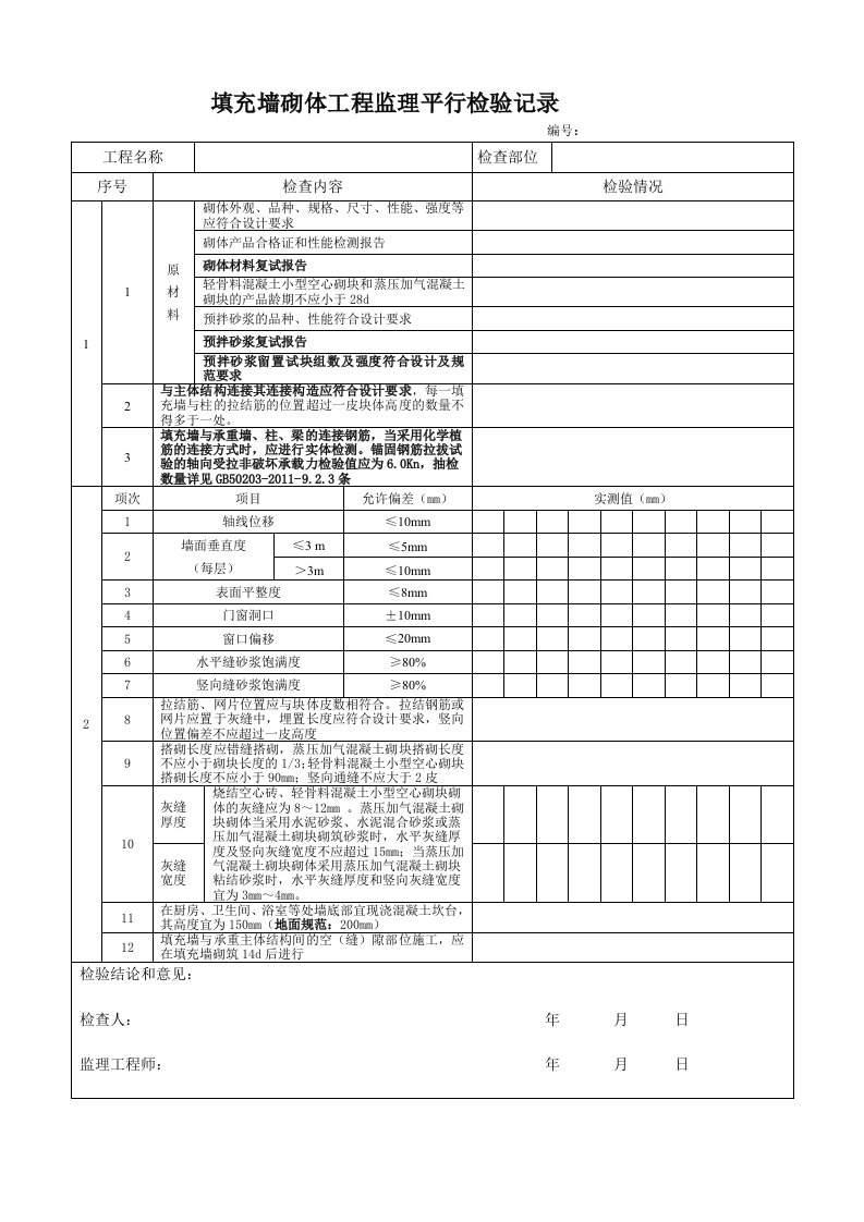 填充墙砌体工程监理平行检验记录