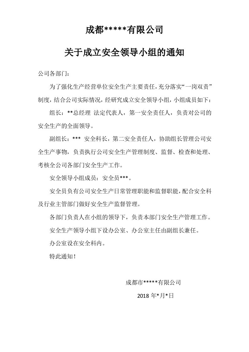 关于成立安全领导小组的任命通知