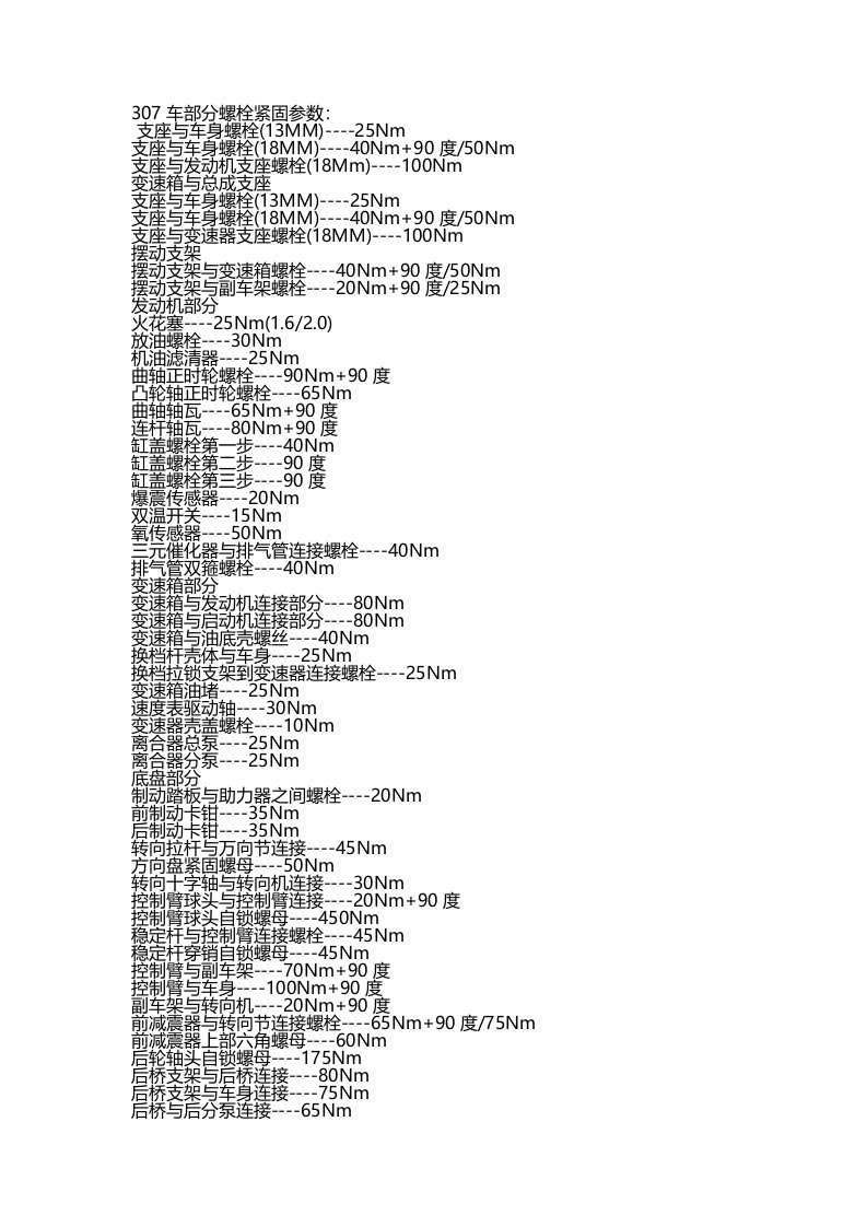 东风标致307部分螺栓紧固参数