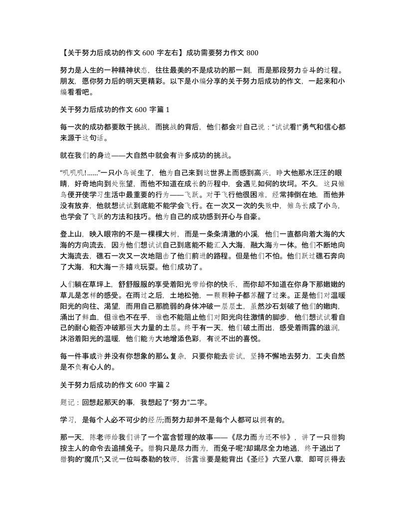 关于努力后成功的作文600字左右成功需要努力作文800