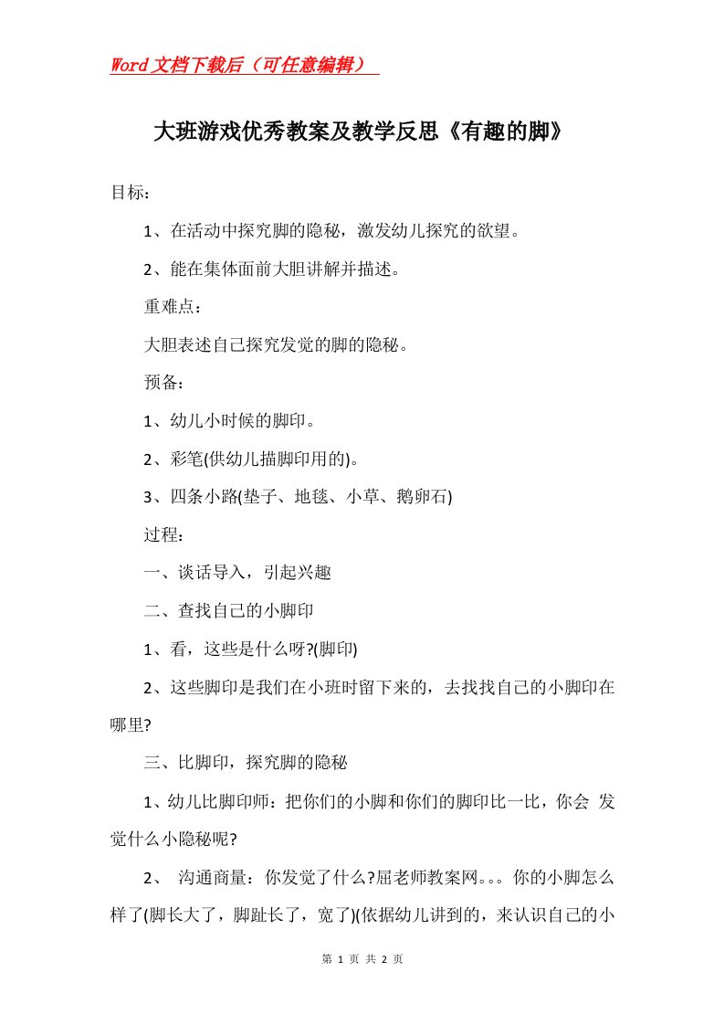 大班游戏优秀教案及教学反思有趣的脚