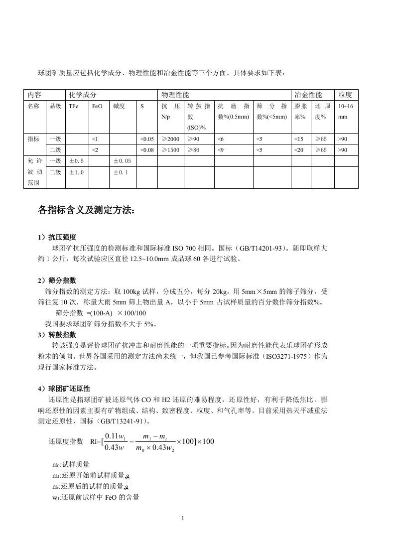 球团矿质量冶金性能