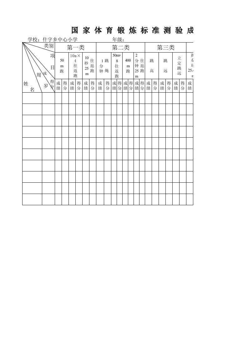 国家体育锻炼标准测验成绩登记表