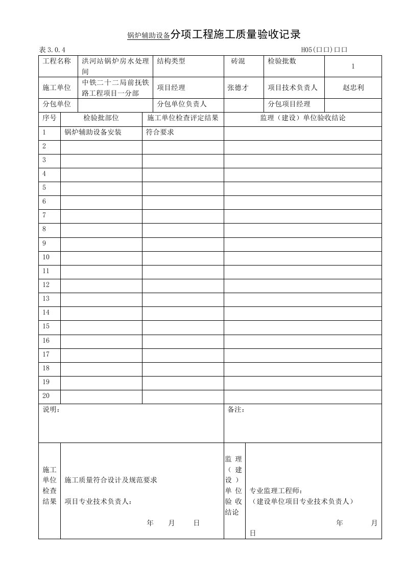 洪河锅炉房分项、子分部核查工程施工质量验收记录