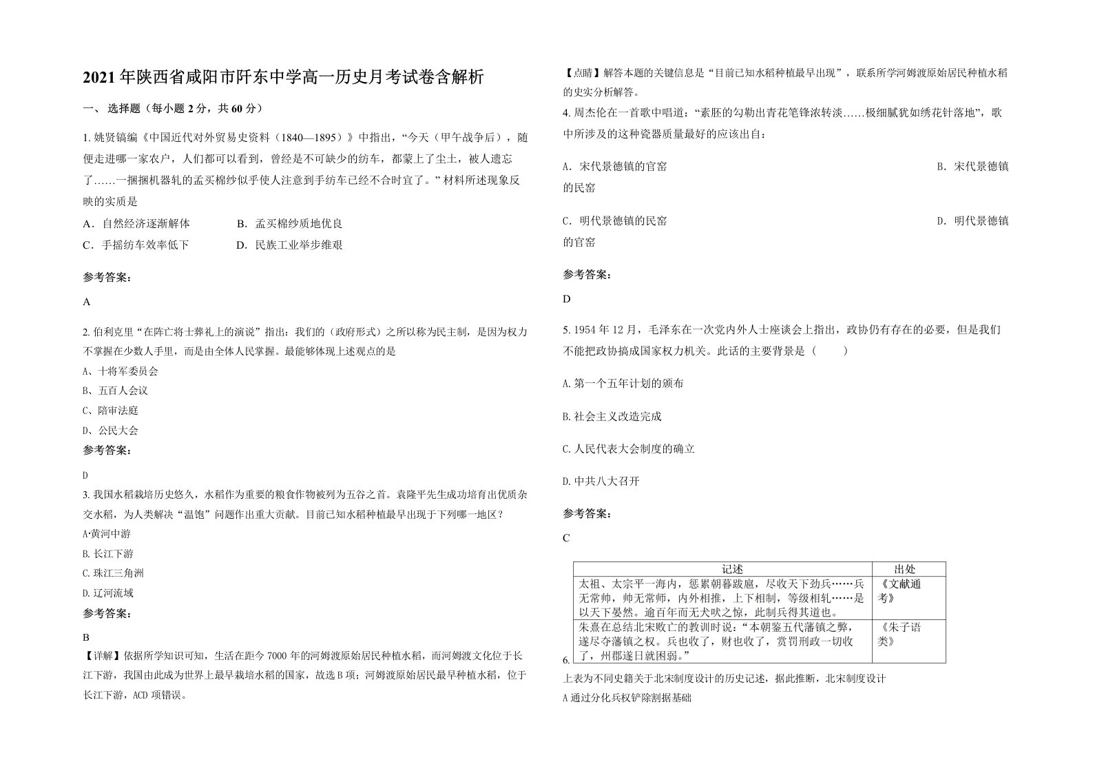 2021年陕西省咸阳市阡东中学高一历史月考试卷含解析