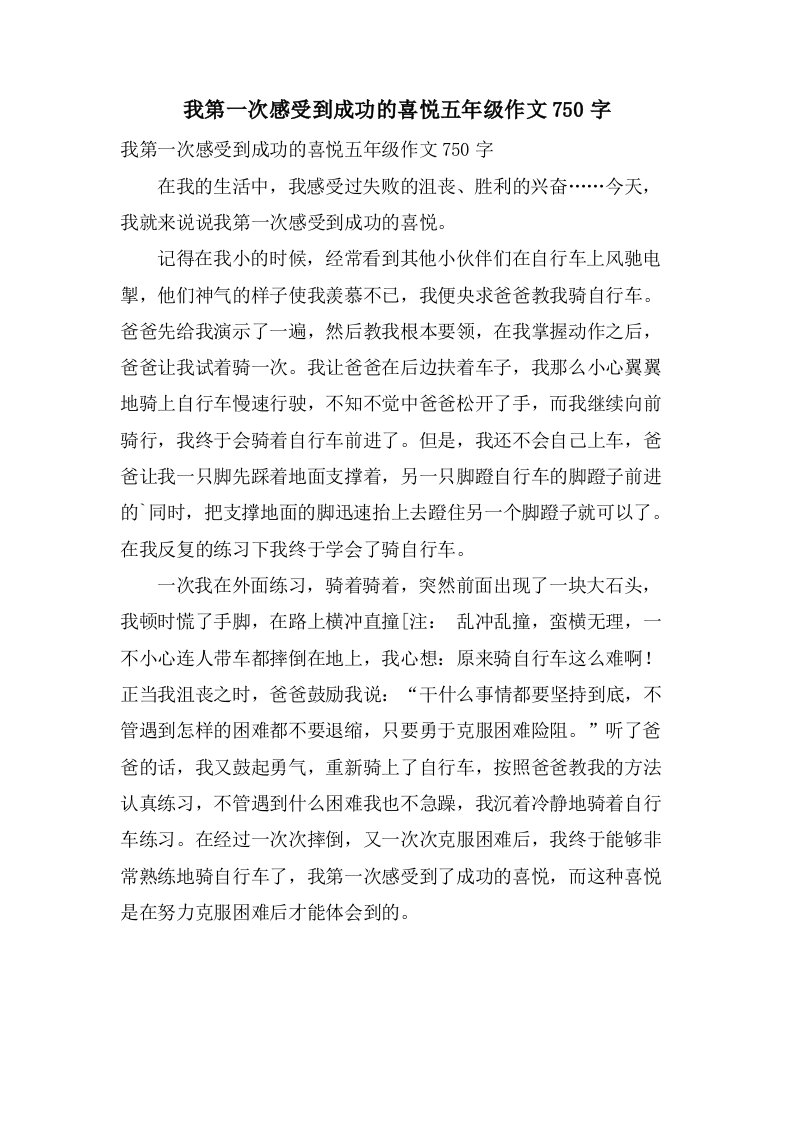 我第一次感受到成功的喜悦五年级作文750字