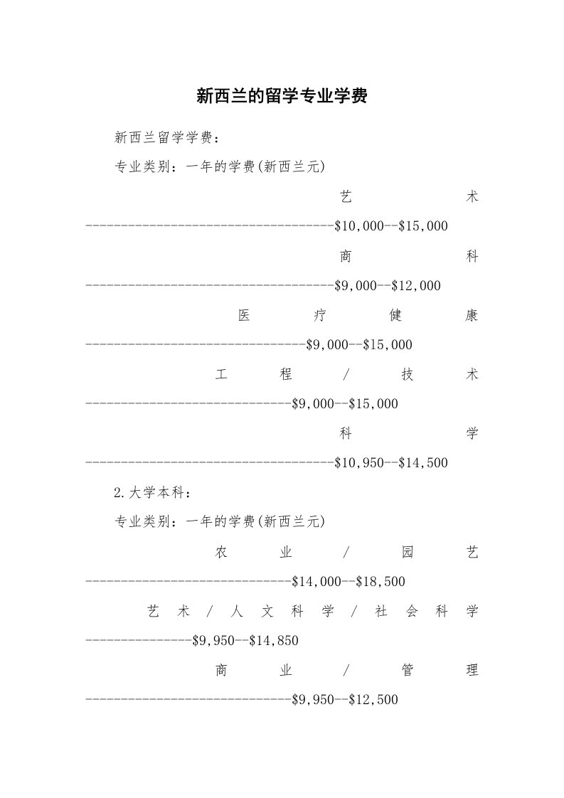 新西兰的留学专业学费