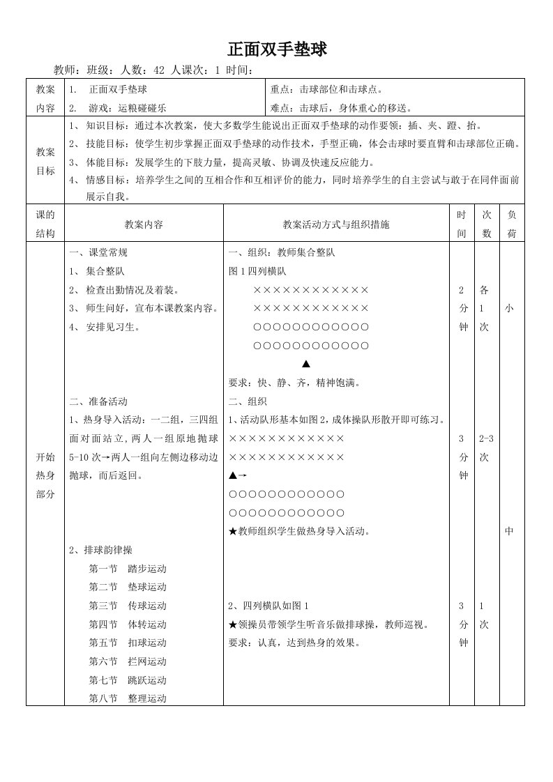 排球正面双手垫球优秀教案