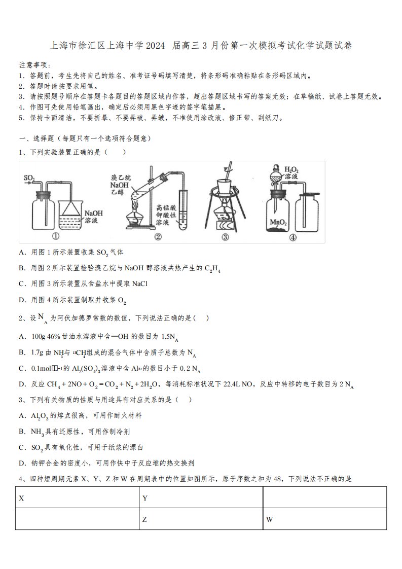 上海市徐汇区上海中学2024届高三3月份第一次模拟考试化学试题试卷含解析