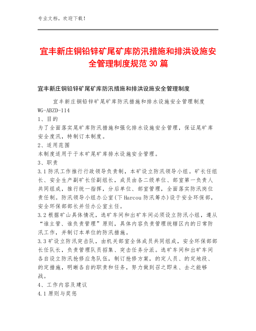 宜丰新庄铜铅锌矿尾矿库防汛措施和排洪设施安全管理制度规范30篇