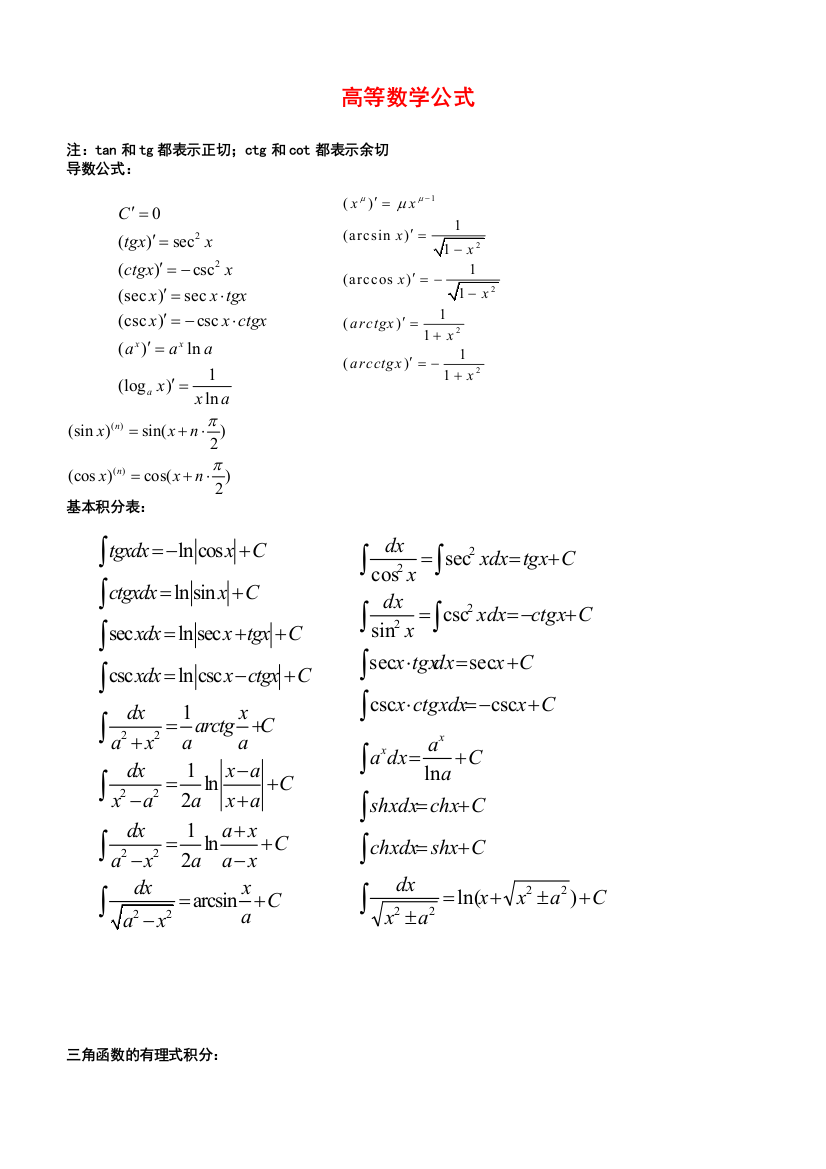 华夏大地网校高等数学公式手册