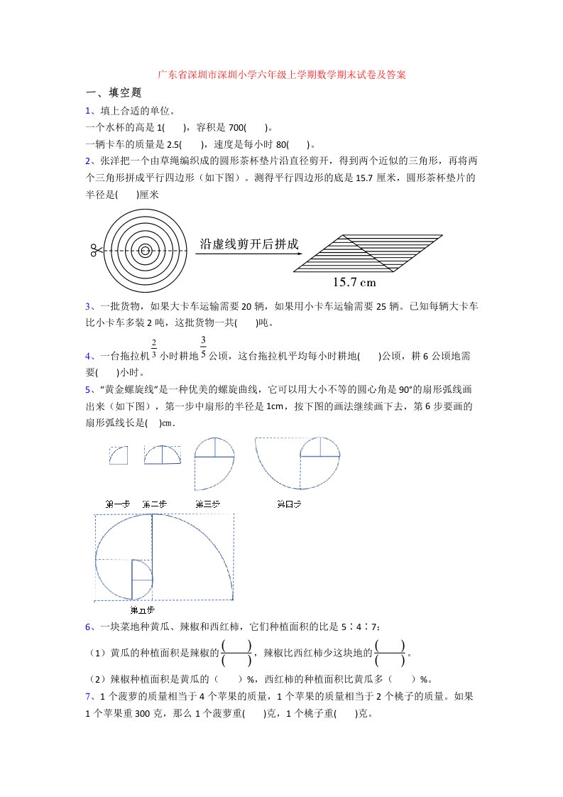 广东省深圳市深圳小学六年级上学期数学期末试卷及答案