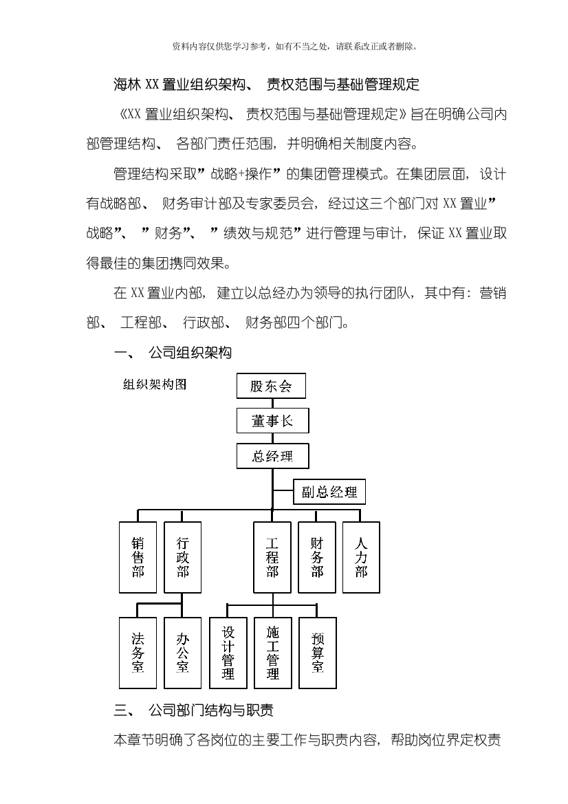 小型房地产公司组织架构职责范围与管理制度样本