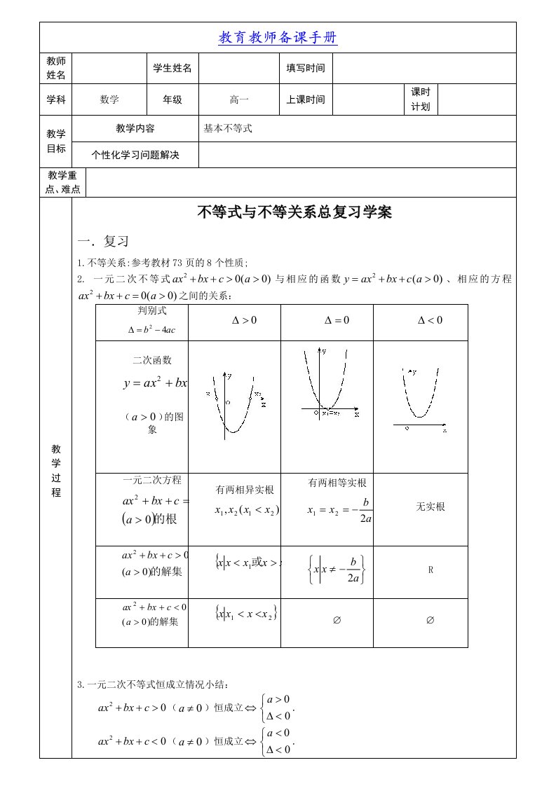 不等式与不等关系总复习学案