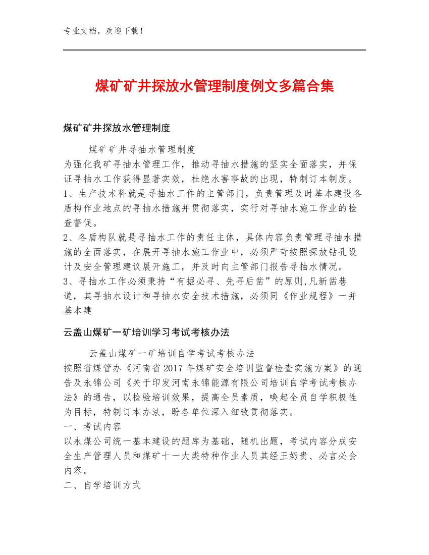 煤矿矿井探放水管理制度例文多篇合集