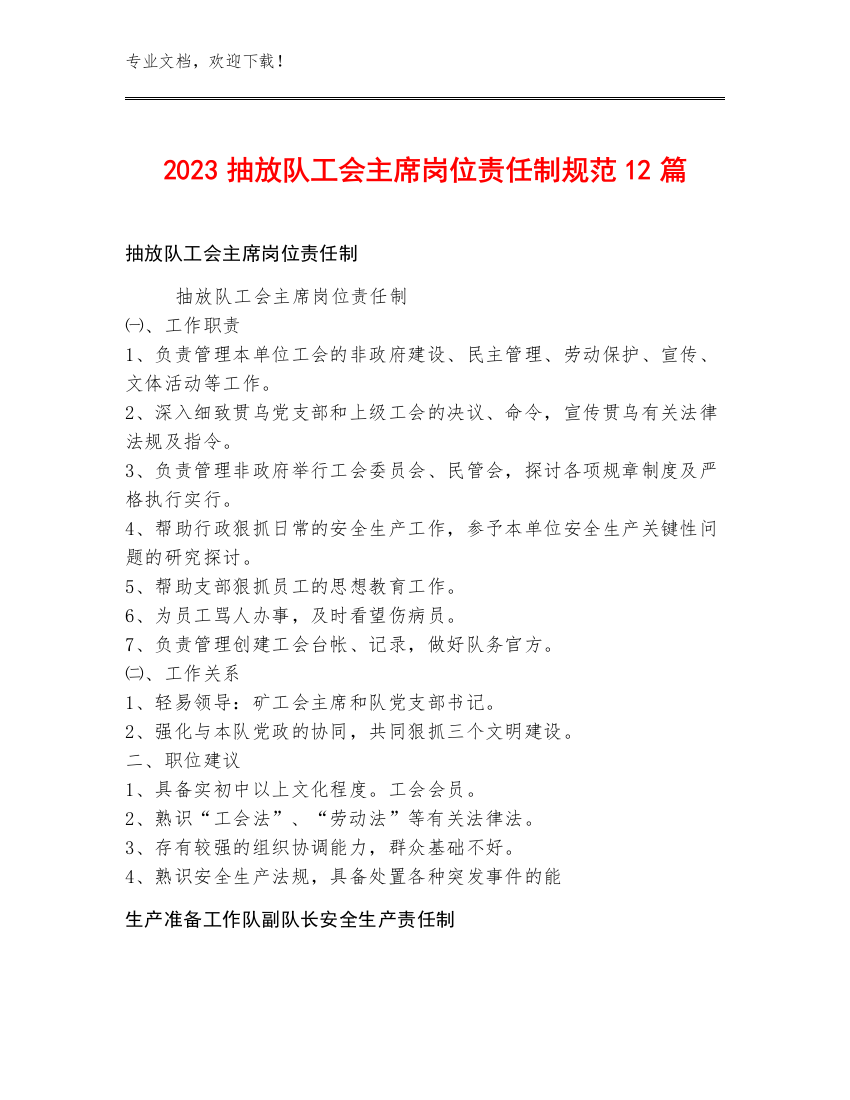 2023抽放队工会主席岗位责任制规范12篇