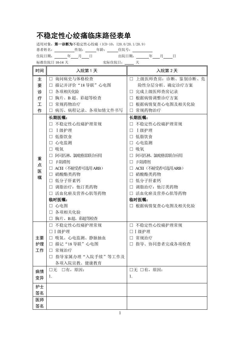 不稳定性心绞痛临床路径表单