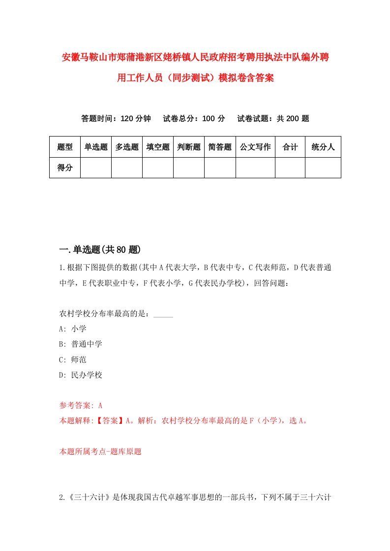 安徽马鞍山市郑蒲港新区姥桥镇人民政府招考聘用执法中队编外聘用工作人员同步测试模拟卷含答案8