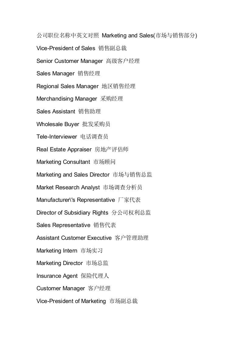 公司职位名称中英文对照MarketingandSales