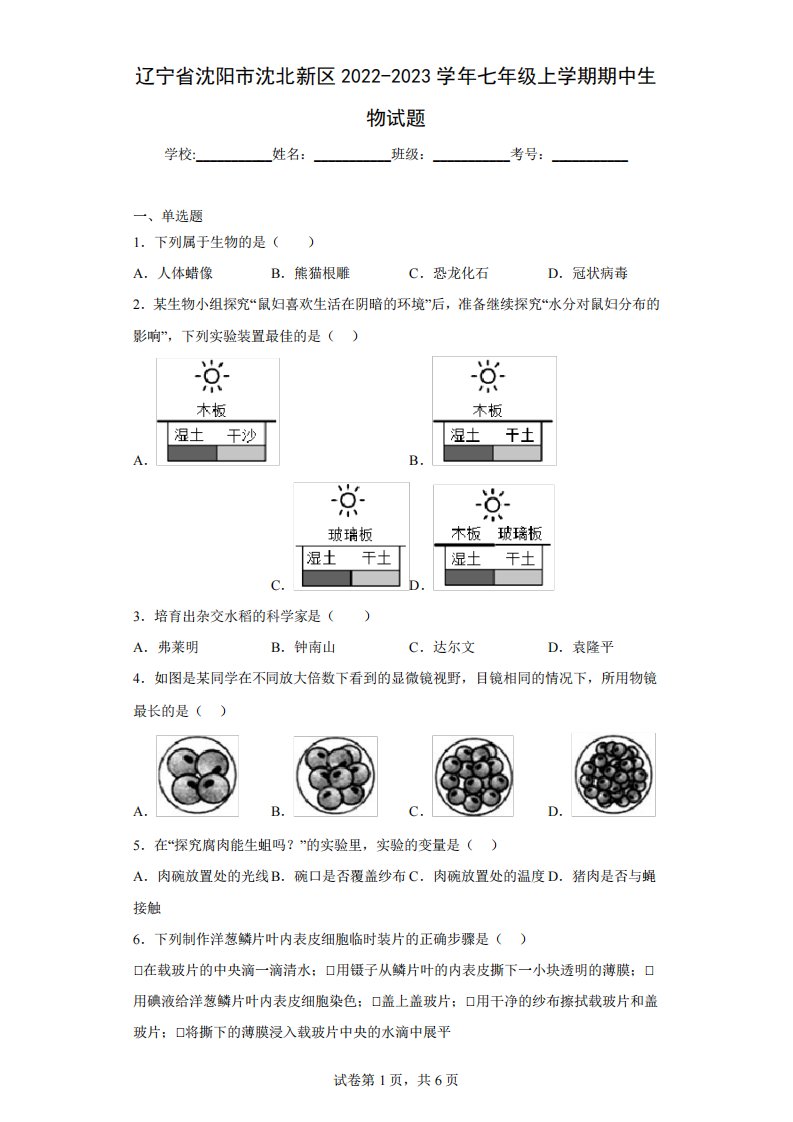 沈北新区2024-2023学年七年级上学期期中生物试题(含答案)